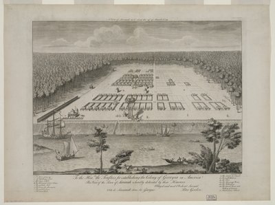 A View of Savannah na sua versão de 29 de Março de 1734, gravada por P. Fourdrinier, Londres, c.1735 (gravura) de Peter Gordon