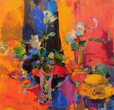 Mesa de Natureza Morta com Rosas e Frutas de Peter Graham (Contemporary)