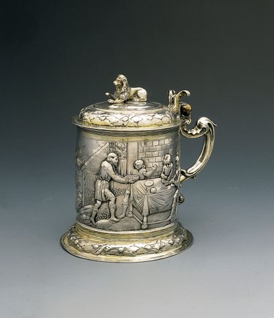 Tankard, o corpo repuxado e perseguido com Jacob lutando com o anjo, e Abraham e Sarah dando hospitalidade à Trindade, Danzig, c.1690 (pacote prata dourada) de Peter III Rohde
