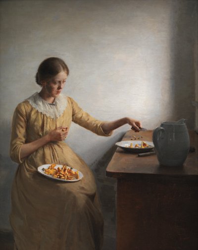Uma jovem preparando chanterelles de Peter Vilhelm Ilsted