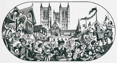 Uma feira a decorrer numa rua em frente à Catedral de Lincoln (litografia) de Peter Jackson