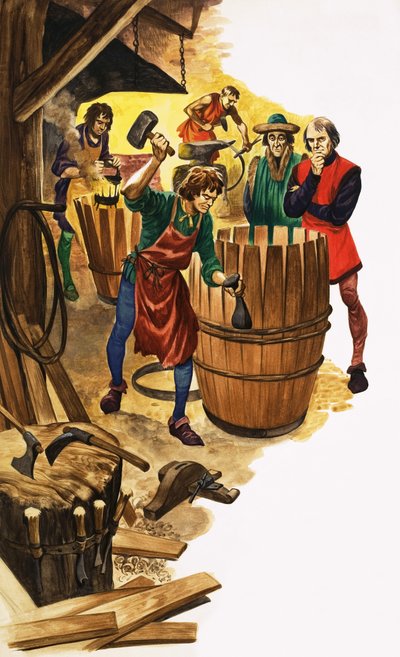 Um aprendiz de cooper é visto por um funcionário da guilda enquanto trabalha nos anéis de um barril de Peter Jackson