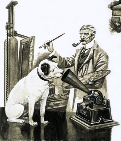 Artista pintando o cachorro ouvindo em um gramaphone de Peter Jackson