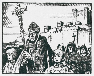 O bispo Poore conduz o seu povo para longe de Old Sarum para fundar Salisbury em 1220 (litografia) de Peter Jackson
