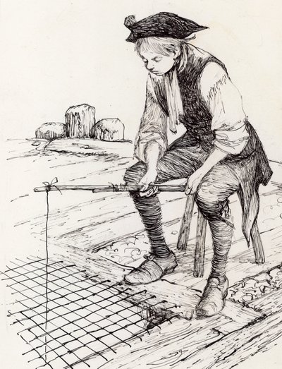 Menino, pesca, em, a, capela, de, st thomas, ligado, ponte velha londres, (ink, em, paper) de Peter Jackson