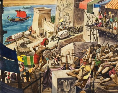 Construir as pirâmides (guache sobre papel) de Peter Jackson