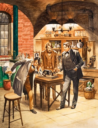 Edison demonstrando o primeiro fonógrafo em seu laboratório de Peter Jackson