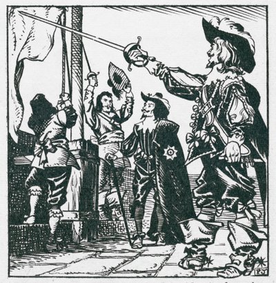 O rei Carlos I ergue o seu estandarte em Nottingham em 1642, dando assim início à Guerra Civil (litografia) de Peter Jackson