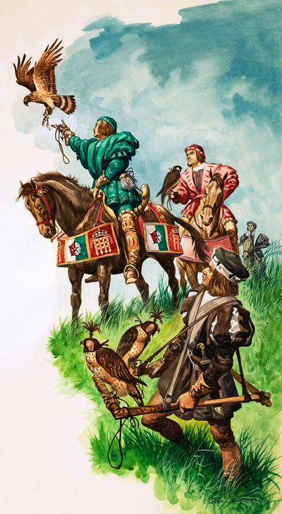 Rei Henrique VII liberta o seu falcão enquanto caça (guache no papel) de Peter Jackson