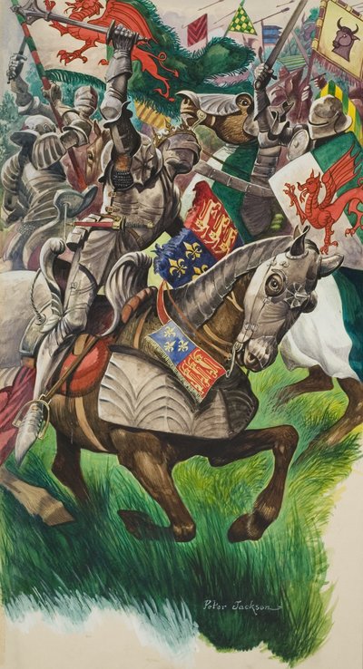 O rei Ricardo (1452-85) e Henrique Tudor (1457-1509) no campo de batalha de Market Bosworth em 1485 (guache sobre papel) de Peter Jackson