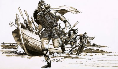 O rei Vortigern trouxe dois chefes bárbaros - Hengest e Horsa - para a Grã-Bretanha (guache no papel) de Peter Jackson