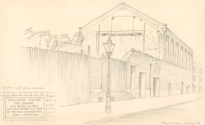 Marylebone Theatre, Londres, parte traseira do teatro em Mulready Street (originalmente Little Church Street) de Peter Jackson