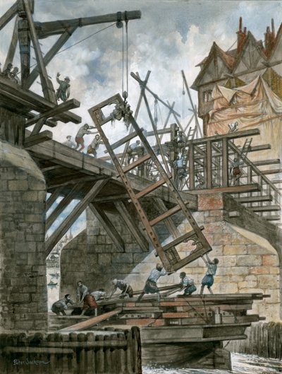 Nonesuch House sendo erguido na antiga ponte de Londres de Peter Jackson