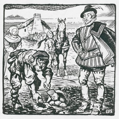 Sir Walter Raleigh introduzindo batatas da América e mandando plantar algumas em Youghal (litografia) de Peter Jackson
