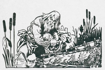 Taliesin, o maior dos bardos galeses, encontrado num coraclube há 1500 anos (litografia) de Peter Jackson