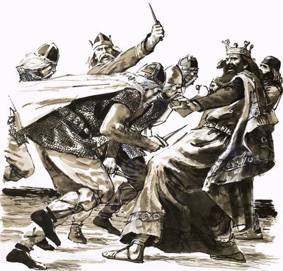 A Morte do Rei Vortigern, ilustração de "Invaders from the Sea" (Invasores do Mar) de Peter Jackson