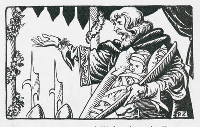O primeiro Príncipe de Gales, nascido no Castelo de Caernarvon, é apresentado ao povo galês pelo Rei Eduardo I (litografia) de Peter Jackson