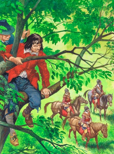 O futuro rei Carlos II escondido no carvalho Boscobel (guache no papel) de Peter Jackson