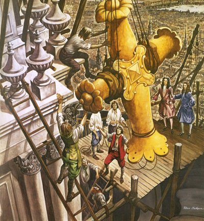 A cruz de ouro sendo colocada no topo da Catedral de São Paulo de Peter Jackson