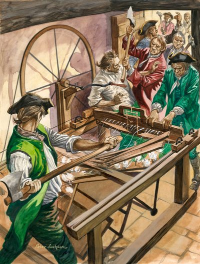 Trabalhadores atacam a casa de James Hargreaves em Blackburn para destruir sua invenção, a Spinning Jenny de Peter Jackson