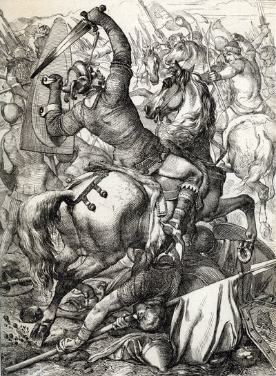 Batalha de Hastings travada em 14 de Outubro de 1066 entre o exército normando-francês do Duque Guilherme II da Normandia e um exército inglês sob o Rei anglo-saxão Harold II, durante a conquista normanda da Inglaterra Desenho de uma caneta Pneus histórico de Peter Johann Nepomuck Geiger