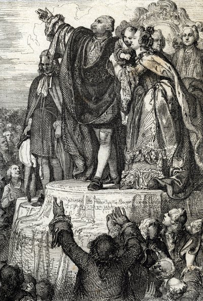 Celebração da Primeira Federação Nacional a 14 de Julho de 1790 no Altar da Pátria em Champs-de-Mars, por ocasião do primeiro aniversário da captura da Bastilha: O Rei Luís XVI, rodeado pela sua família, prestando juramento sobre a constelação de Peter Johann Nepomuck Geiger