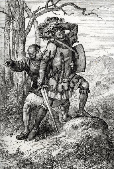 Duque Leopoldo I da Áustria, Senhor dos Habsburgos salvo por um dos seus companheiros na Batalha de Morgarten em 15 de Novembro de 1315 contra os confederados suíços, Suíça (a Batalha de Morgarten em 15 de Novembro de 1315, Leopoldo I, Duque da Áustria sal de Peter Johann Nepomuck Geiger