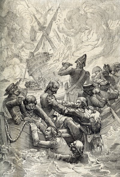 Expedição do Egipto: A Destruição do Oriente na Batalha do Nilo (Batalha de Aboukir) em Agosto de 1798 (Batalha da Baía de Aboukir: a Destruição do Oriente na Batalha do Nilo, Agosto de 1798) Desenho de penas de "Historische Memorabilian des In de Peter Johann Nepomuck Geiger