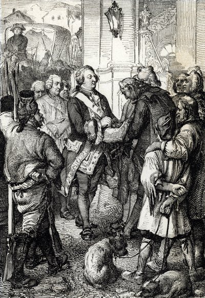 Revolução Francesa: O Rei Luís XVI recebe do Presidente da Câmara de Paris Jean-Sylvain Bailly a galinha tricolore de Peter Johann Nepomuck Geiger