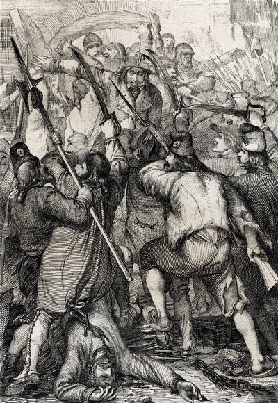 Revolução Francesa: A população armada e furiosa a entrar pela ponte levadiça e a assassinar a guarnição e o governador durante a tempestade da Bastilha de Peter Johann Nepomuck Geiger