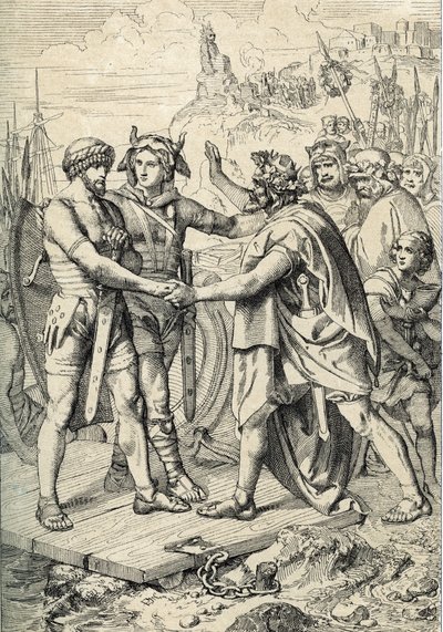 Aterragem de Hengest e Horsa, figuras da lenda anglo-saxónica, que regista os dois como os irmãos germânicos que lideraram os exércitos anglo-saxónicos, saxónicos e jutistas que conquistaram os primeiros territórios da Grã-Bretanha no século V Desenho da c de Peter Johann Nepomuck Geiger