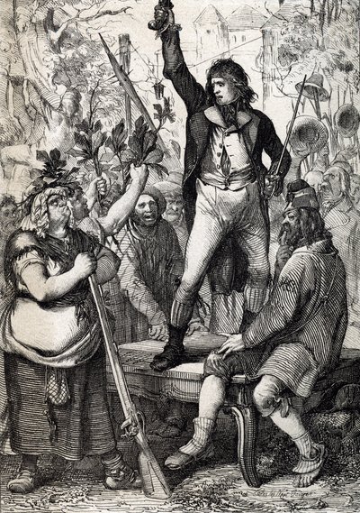Eclosão da Revolução Francesa em 1789: a população reunida é instada a escolher a cor de um cockade e a pegar em armas históricas) por Anton Ziegler de Peter Johann Nepomuck Geiger