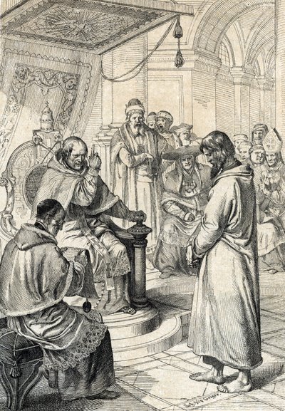 Queril das investidas, penitência de Canossa: Em Canossa, o Imperador Henrique IV do Sacro Império Romano (1050-1106) em vestido penitente implora o perdão do Papa Gregoire VII (Hildebrand: 1015/20-1085) fazendo emendas honrosas em Janeiro de 1077" (The wa de Peter Johann Nepomuck Geiger