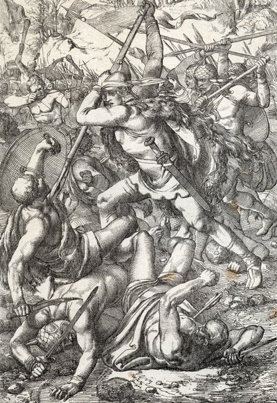 Representação de Pelage o conquistador (Pelagius ou Pelayo) (falecido 737) rei das Astúrias triunfante contra os sarracenos, 719, Covadonga, Espanha (rei Pelagius das Astúrias nobre visigótico que fundou o Reino das Astúrias, lutando contra os mouros, 719  de Peter Johann Nepomuck Geiger