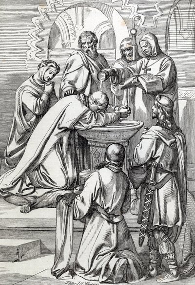 Representação de Santo Agostinho da Cantuária (falecido 604), enviado à Inglaterra pelo Papa Gregoire o Grande em 596 para converter os anglo-saxões - Está aqui perante Ethelbert, rei anglo-saxão de Kent (552? -616) que baptizou em 597 (Agostinho, primeiro de Peter Johann Nepomuck Geiger
