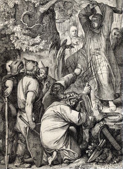 Representação de Saint Boniface de Mainz (680-754) cortando o carvalho de Thor para convencer os druidas de que não é uma árvore sagrada (Saint Boniface (Bonifacius) destruindo o carvalho de Thor (Donar ou carvalho de Jove) árvore sagrada dos pagãos germân de Peter Johann Nepomuck Geiger