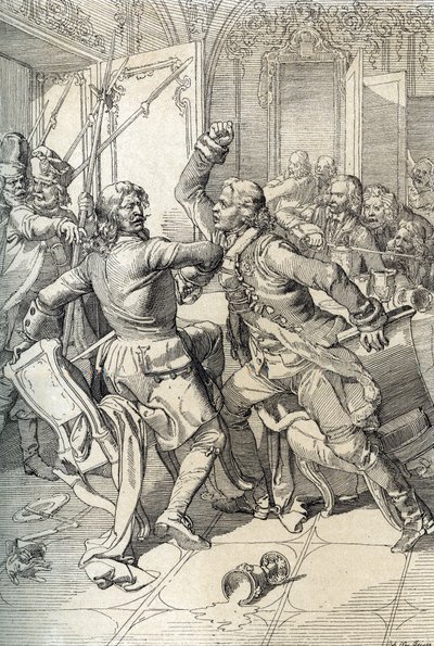 Revolta Streltsy: prisão de membros dos regimentos Streltsy (strelets) após o seu levantamento em 1698 contra as inovações progressivas do czar Pedro o Grande, Rússia (revolta Streltsy: suspeitos de serem membros dos regimentos Streltsy de Moscovo presos a de Peter Johann Nepomuck Geiger