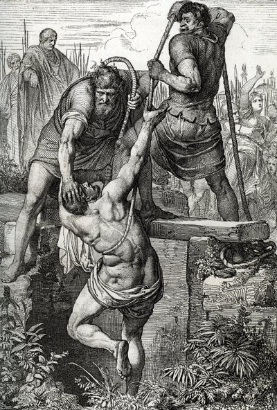 O imperador bizantino Zenon (425-491) regressou a Constantinopla com o usurpador Flavius Basiliscus (Basilisco) preso com a sua família, 477 (morto de Basilisco fechado numa cisterna seca, para morrer de exposição, pelo imperador romano Zeno, 477) Desenho  de Peter Johann Nepomuck Geiger