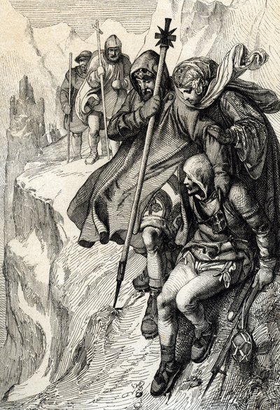 O Rei dos Romanos Henrique IV passando o desfiladeiro do Monte Cenis para atravessar os Alpes e ir até à Condessa Mathilde da Toscana para Canossa onde o Papa Gregoire VII, Janeiro de 1077" (Henrique IV atravessou os Alpes pelo desfiladeiro do Monte Cenis  de Peter Johann Nepomuck Geiger