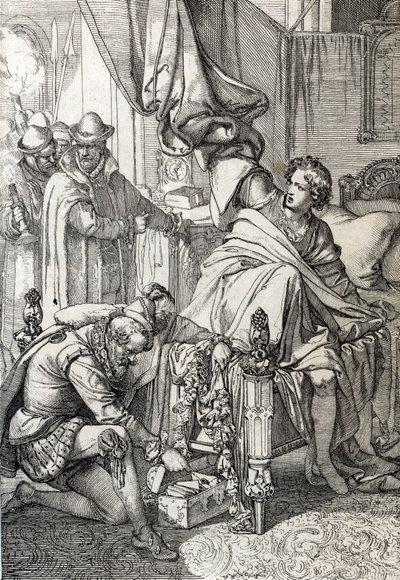 A prisão de Carlos da Áustria (1545-1568) (Don Carlos) filho de Filipe II de Espanha em 1568 pelos homens do seu pai (Carlos, Príncipe das Astúrias filho mais velho e herdeiro do Rei Filipe II de Espanha preso pelo seu pai no início de 1568) Desenho de uma de Peter Johann Nepomuck Geiger