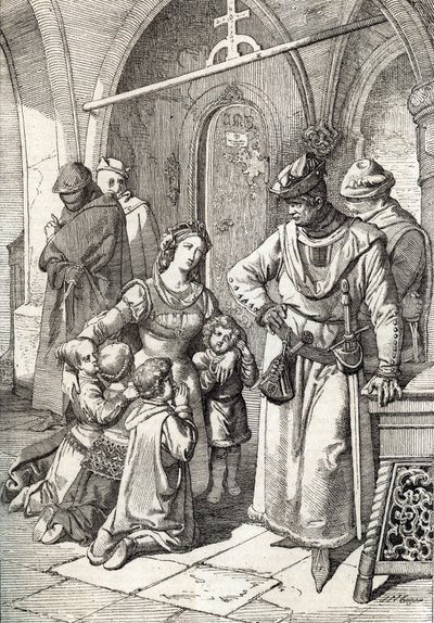 O assassinato da nobre senhora Ines de Castro (1320-1355), segunda esposa de Pedro I de Portugal no mosteiro de Santa Clara de Coimbra, Portugal 1355 (Esposa do rei Pedro I de Portugal Ines Castro assassinou no mosteiro de Santa Clara em Co de Peter Johann Nepomuck Geiger