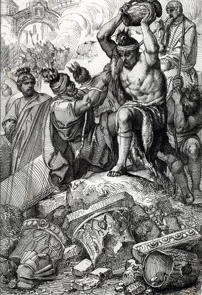 O saco de Roma (Itália), em 410, retirado da cidade e saqueado pelos visigodos liderados por Alaric (370-410) (Saco de Roma pelos visigodos liderados por Alaric I em 410, durante o reinado do Imperador Honório) Desenho de uma caneta tirada de "Historische  de Peter Johann Nepomuck Geiger
