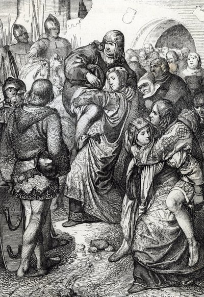 As mulheres fiéis de Weinsberg (Treue Weiber von Weinsberg): as esposas dos soldados derrotados no cerco de Weinsberg por Conrado III de Hohenstaufen em 1140 carregam os seus maridos às costas, Alemanha (As esposas fiéis durante o cerco de Weinsberg de Peter Johann Nepomuck Geiger