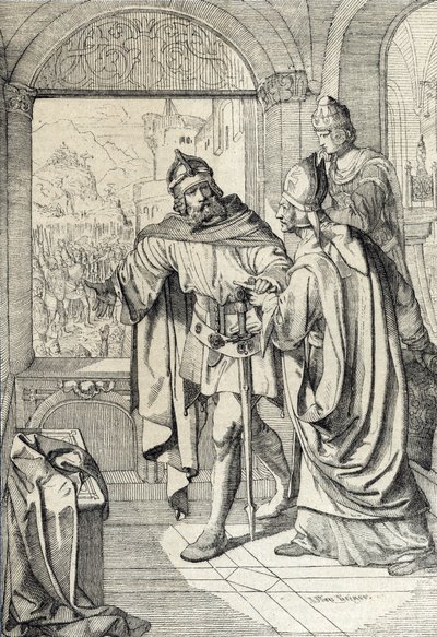 Os primeiros membros da Dinastia dos Habsburgos Radbot e da Eveque Werner na altura da construção da casa dos Habsburgos, em Aargau, Suíça de Peter Johann Nepomuck Geiger