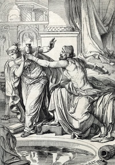 A princesa gepida Rosemonde (morreu 572) e o seu amante assassino do seu marido Rei Alboin envenenaram-se com o mesmo cálice de veneno, 572 (a princesa gepida Rosamunde (ou Rosamunde) e o seu amante suicidaram-se com o mesmo cálice de veneno, 572) Desenho  de Peter Johann Nepomuck Geiger
