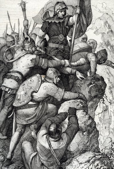 As tropas de Othon I de Baviere (1117-1183) perto de Verona, Itália 1155 (Otto I, Duque da Baviera e seu exército perto de Verona, Itália 1155) Desenho de penas de "Historische Memorabilian des In-und Auslandes" (Lembranças Históricas) de Anton Ziegler de Peter Johann Nepomuck Geiger
