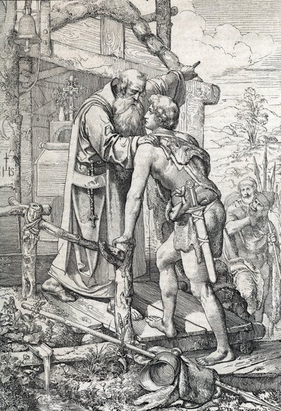 O jovem Odoacre (ca. 433-493) a receber a bênção de Severin, Apotre de Norique, ca. 470 (Odoacer conhece o monge Severinus de Noricum que o aprende que um dia se tornaria famoso, 470 ca) Desenho de uma caneta desenhada a partir de "Historische Memorabilian de Peter Johann Nepomuck Geiger