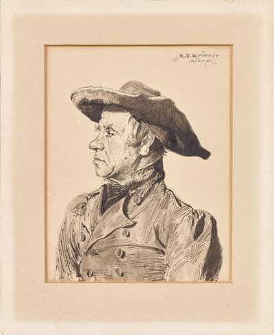 Retrato de busto masculino com bata e chapéu de abas largas de Peter K. Krämer