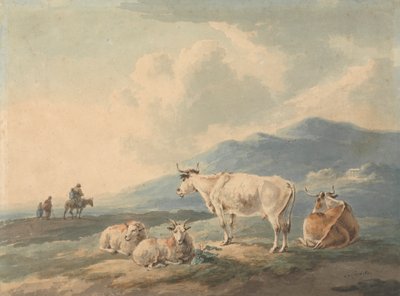 Paisagem de montanha: com vacas e cabras em primeiro plano e figuras, à esquerda de Peter La Cave