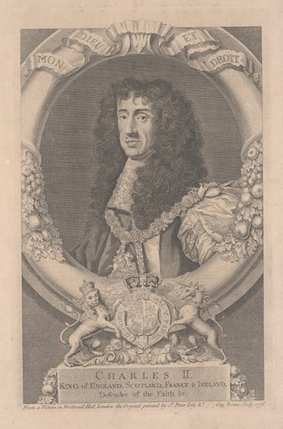 Carlos II, rei da Inglaterra, Escócia, França e Irlanda, gravado por George Vertue (1684-1756) de Peter Lely
